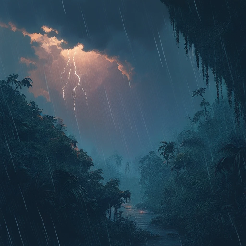 score_9, score_8_up, score_7_up, source_anime, jungle, cave, mature female,medium hair, brown hair, green eyes, dusk, cloudy, heavy rain, storm