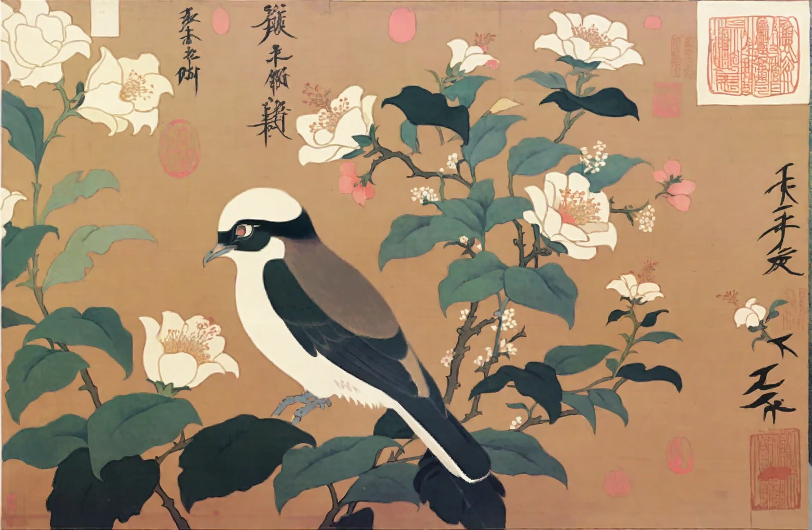 bird-and-flower painting \(genre\)	animal painting \(genre\) <lora:tang2song_pony_v1:1.0> created in the tang to song dynasty,  a garden, score_9, score_8_up, rating_safe,general