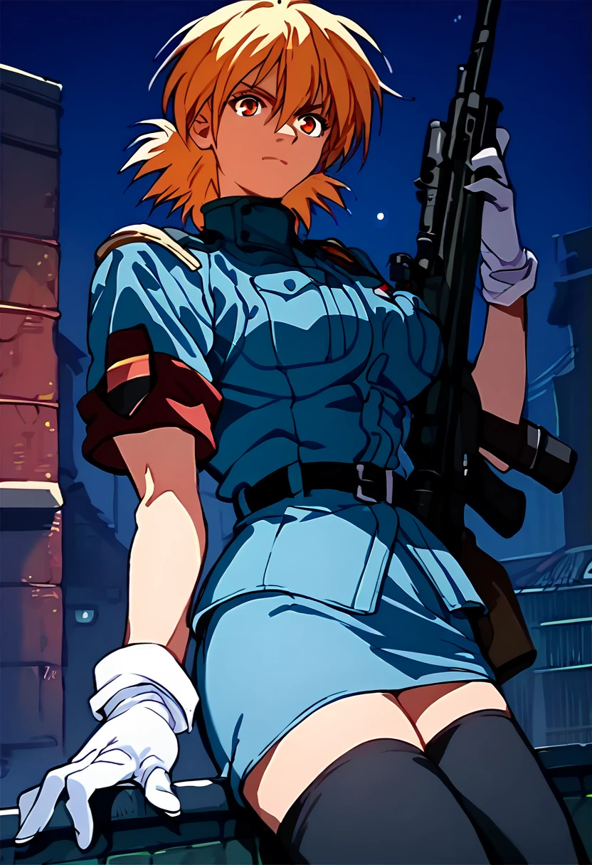 score_9, score_8_up, score_7_up, score_6_up, score_5_up, seras victoria, (enormous rifle), holding weapon, blue military uniform, thighhighs, skirt, white gloves, belt, night, on rooftop <lora:Seras_Victoria:0.9>