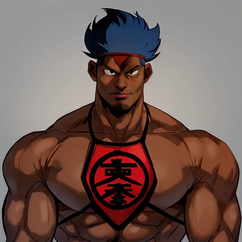 absurdres, portrait, <lora:MakintaroYYH:0.85>, makintaro, (upper body:1.1), muscular male, simple background, facing viewer, topless male, scar, scar on face, brown eyes, headband, large pectorals