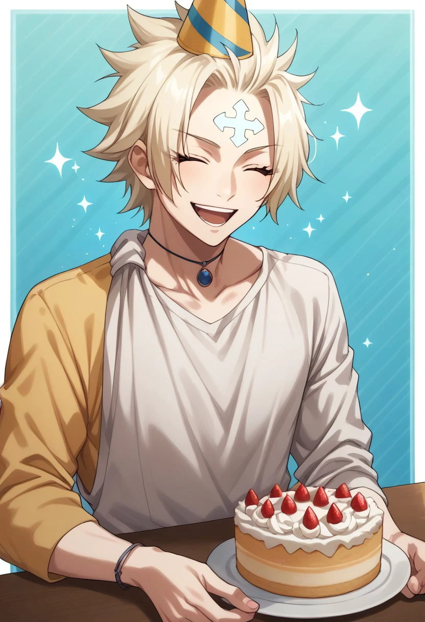 score_9, score_8_up, score_7_up, source_anime, rating_safe, sparkles effects, LarcadeFT, white Larcade forehead mark, blue Larcade necklace, 1boy, male focus, closed eyes, casual clothes, party hat, open mouth, wide smile, teeth, upper body, hands with five fingers, happy birthday, cake on table, simple patterned background, cute wallpaper, happy-cheery,