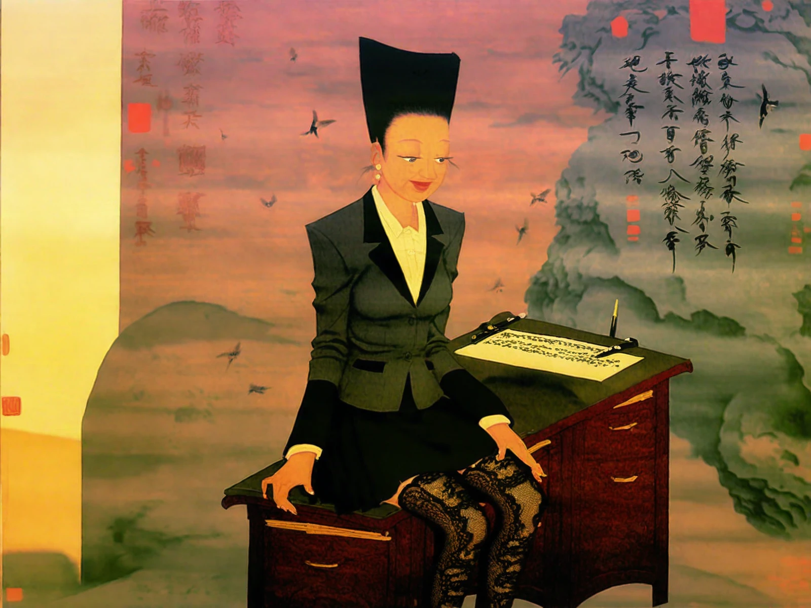 <lora:tang2song_pony_v1:1.1> created in the tang to song dynasty,  traditional media, oriental gongbi \(style\),bird-and-flower painting \(genre\) As she settles into her seat at the desk, the new teacher exudes confidence. Her slim build reflects a clear sense of purpose and authority. Her attireâa well-fitted silk blazer, a skirt embellished with delicate lace, and (subtly patterned lace stockings)âcaptures attention as she sits. With a warm and inviting smile, she encourages students to engage with her. Despite her slender frame, she emanates a subtle yet undeniable perky feminine presence, earning admiration from all who encounter her., score_9, score_6_up, score_7_up