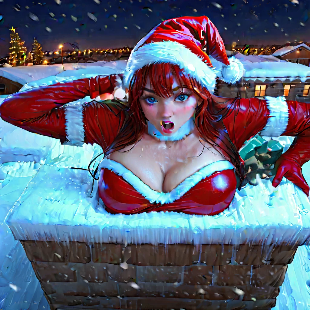 1girl, bangs, blue eyes, cleavage, long hair, snow, hair between eyes, chimney, outdoors, black hair, lips, red gloves, solo, christmas, makeup, smile, choker, breasts, santa costume snowing, large breasts, red headwear, hat, looking at viewer, night, black belt, red lips, gloves, elbow gloves, santa hat, fur trim