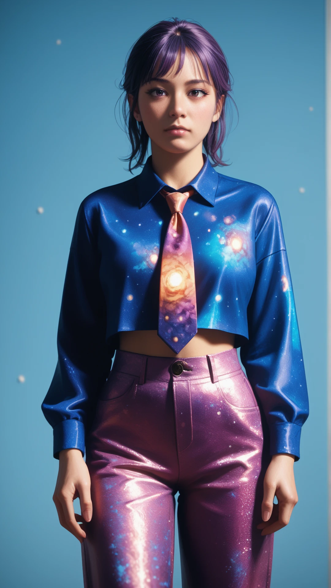 score_9, score_8_up, score_7_up, score_6_up,<lora:CosmicStylePDXL:1> woman wearing cosmic pattern glitter CosmicStyle Tie-front pants, Peplum top, shiny