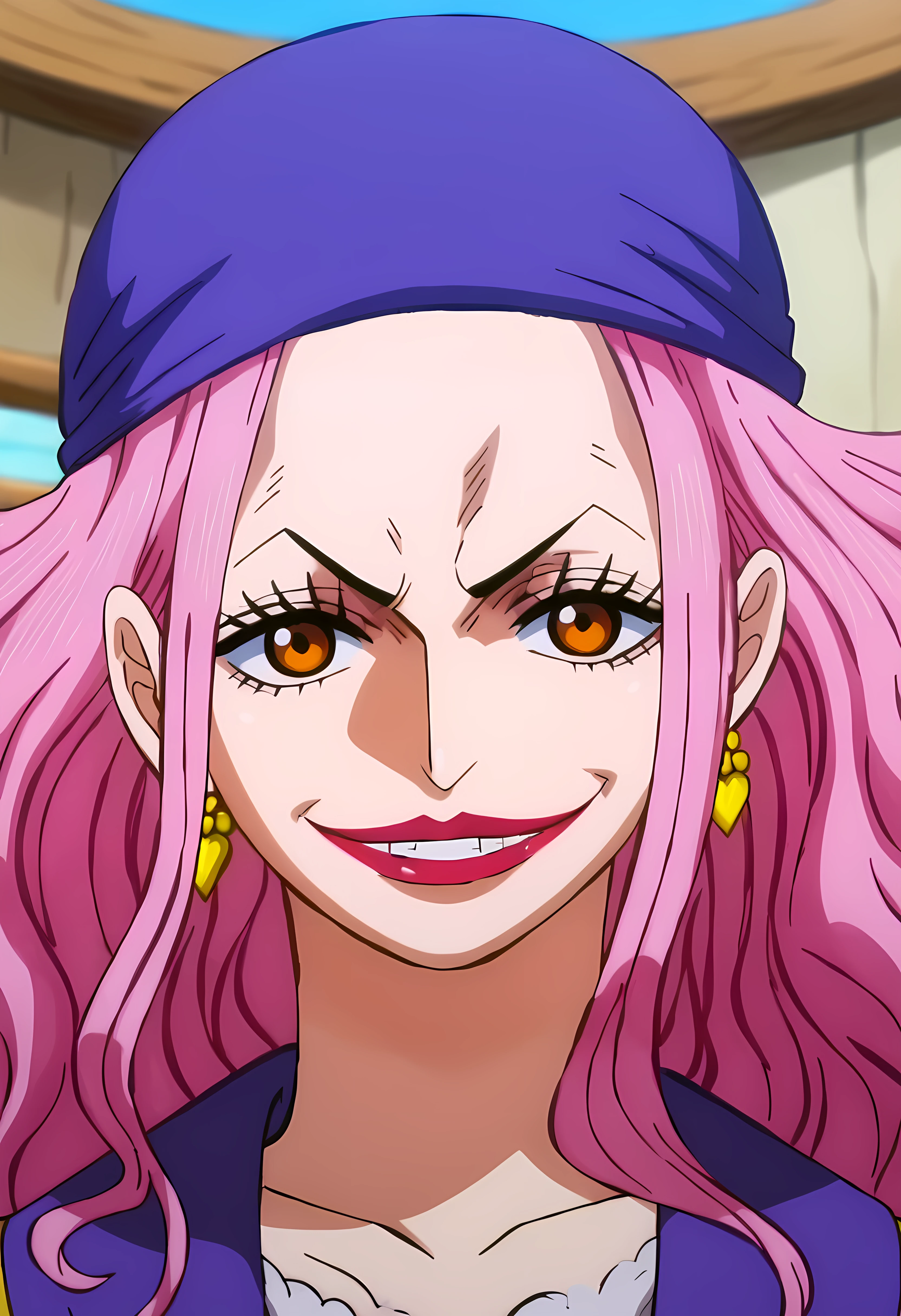 score_9, score_8_up, score_7_up, rating_safe, source_anime, portrait, on ship, sea,  <lora:LinLin:1> 1girl, pink hair, long hair, smile, orange eyes, lipstick, makeup, looking at the viewer,bandana, heart earrings, face focus, purple shirt, <lora:one_piece_wano_style:0.8> one_piece_wano_style, anime screencap, 