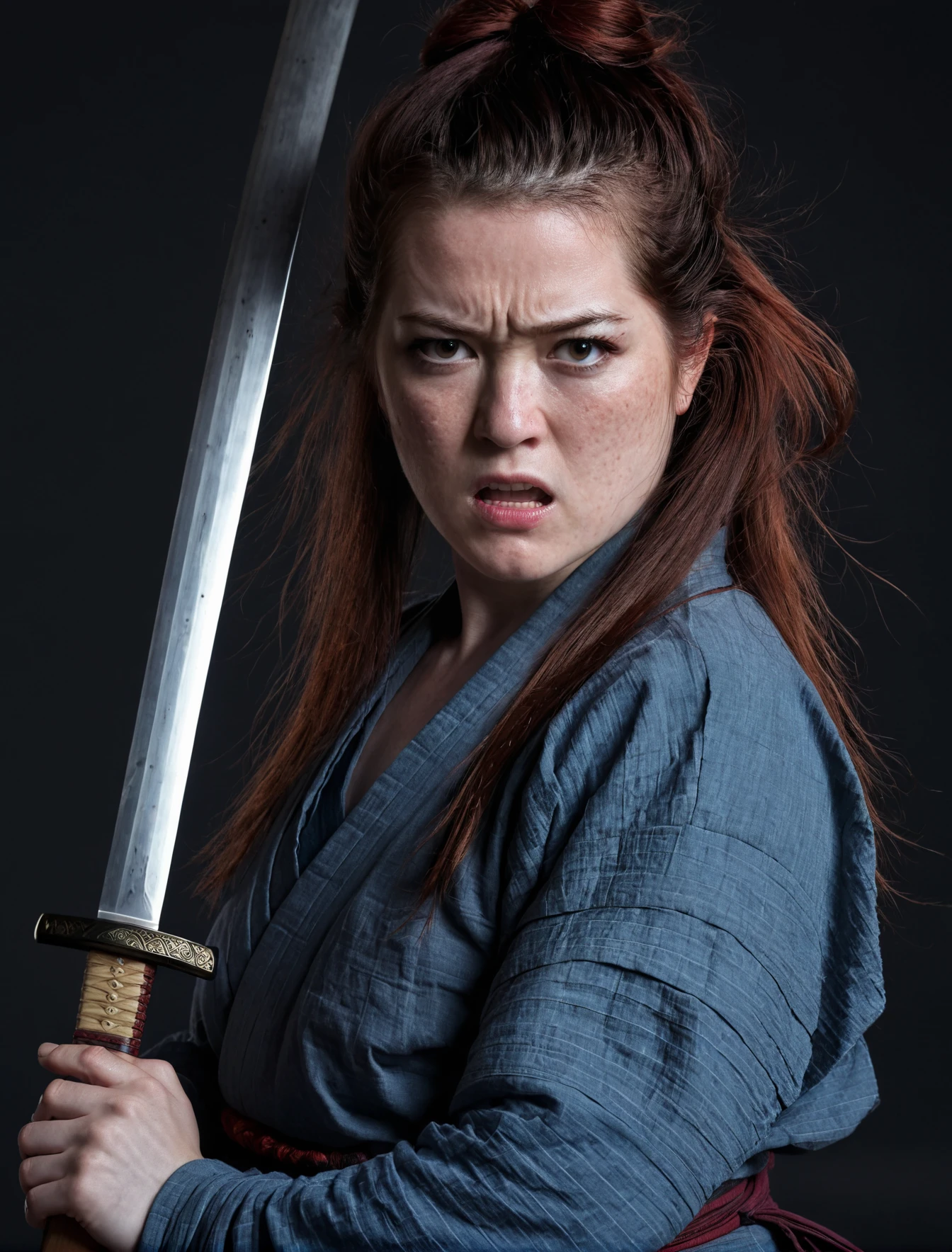 woman, pale,   tessfowl, (freckles:0.4), angry, 1girl, wielding katana, ancient samurai warrior, detailed face, portrait photography, realistic skin, realism, long hair, zoom out,  dark lighting, facing you, upper body,
photography, photograph, skin pores, skin imperfections,   <lora:test3-000015:0.8>, casual outfit,