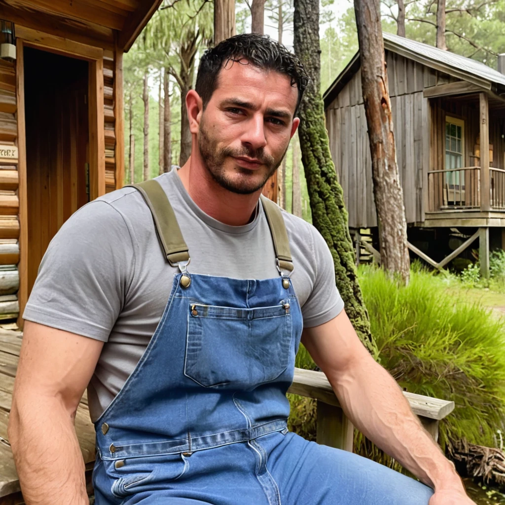 half body photo of a man,ry4nb1gg5, facial hair, wearing gray shirt, (blue denim overalls), (moss hanging from cypress trees), sitting on the porch of ramshackle wooden cabin, swamp house, slightly smiling, looking at viewer,  <lora:ryanbiggs:.9>