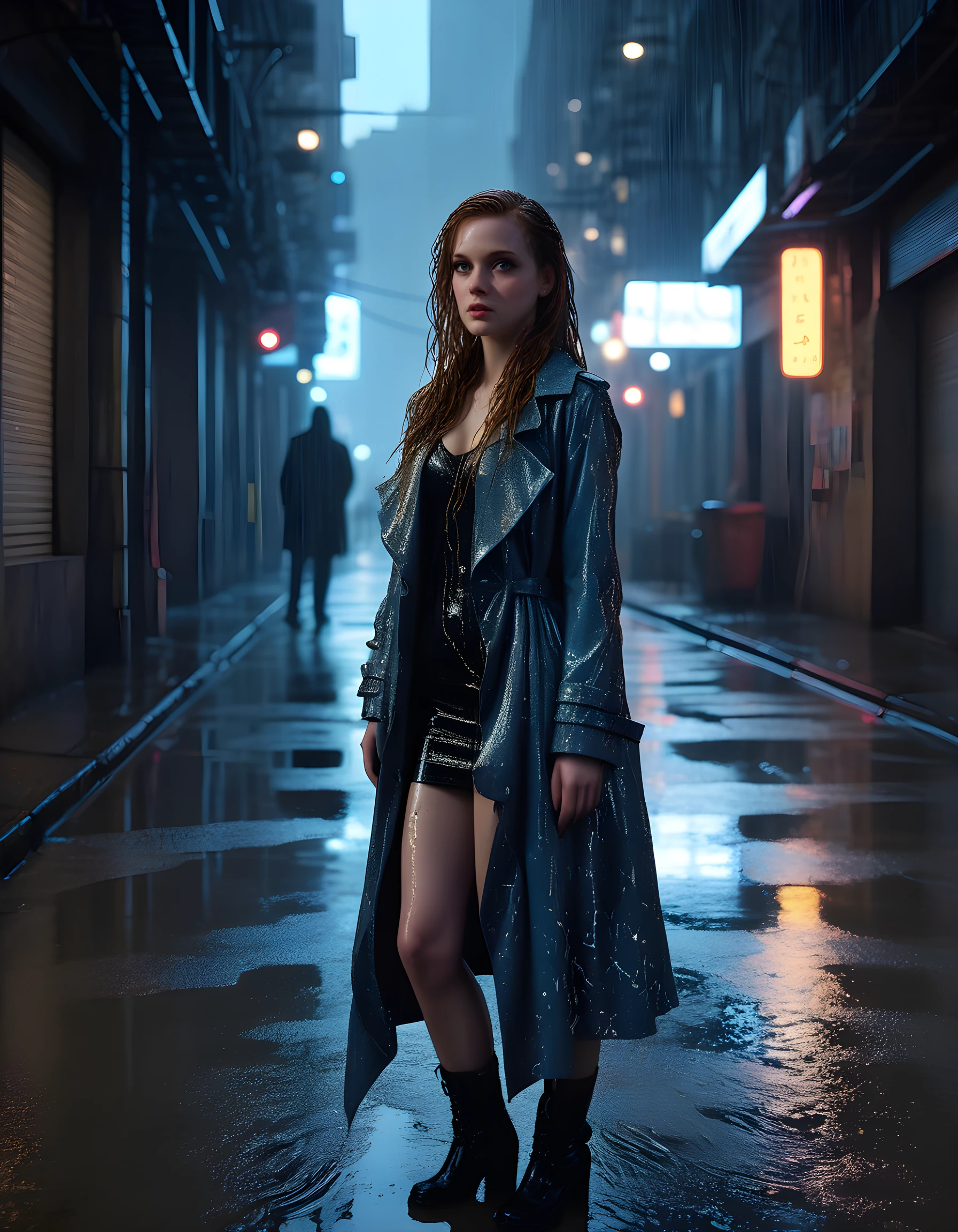 In a gritty, neo-noir setting of a dimly lit, rain-soaked alleyway in the heart of a futuristic city, J4N3L3VY, a captivating woman with her brown hair cascading down to her waist and intertwined with strands of blonde extensions, stands defiantly amidst the puddles, her piercing blue eyes locked onto an unseen adversary. Her long, flowing coat, adorned with intricate silver filigree and holographic patterns, billows out behind her as she leans slightly forward, her lips parted in a knowing smirk. The harsh neon lights from the nearby buildings flicker off her porcelain skin, casting an otherworldly glow on her striking features, while a solitary spotlight illuminates her from below, creating a dramatic silhouette against the backdrop of the ominous cityscape. The camera angle is low and angled upwards, capturing the tension in her posture and the grit in her expression as she stands resolute against the cold, rain-drenched concrete, embodying a fierce and enigmatic presence that radiates power and mystery.