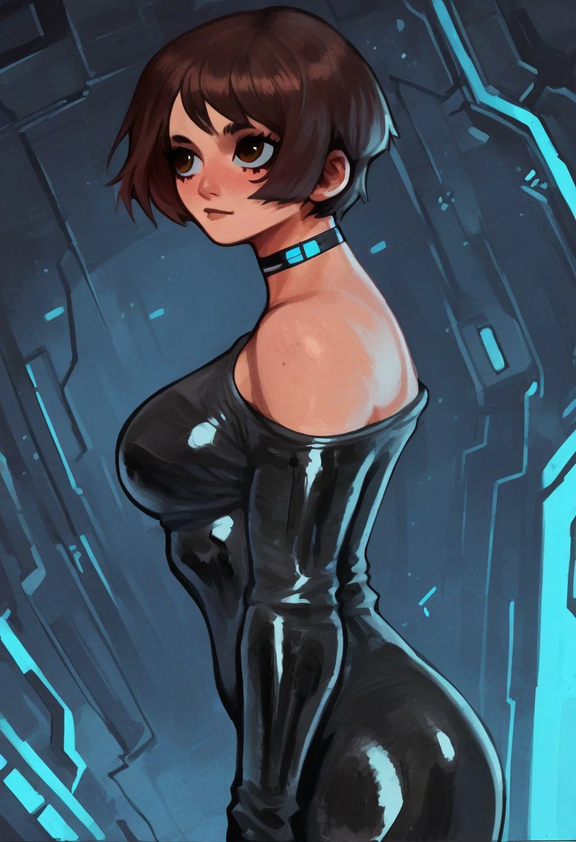 (art, Best quality, absurd, 4K, aesthetics, huge breasts, huge nips, detailed face, perfect eyes, perfect face, detailed, complex, Perfect lighting) 1 girl with fair skin, short shaved dark hair, wears all black futuristic bodysuit, queen of an alien race, warrior, gentle smile