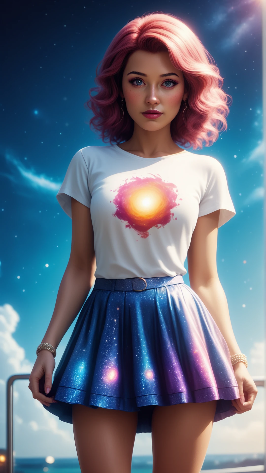 score_9, score_8_up, score_7_up, score_6_up,<lora:CosmicStylePDXL:1> woman wearing (cosmic pattern:0.5) glitter CosmicStyle Culotte skirts, T-shirt, shiny