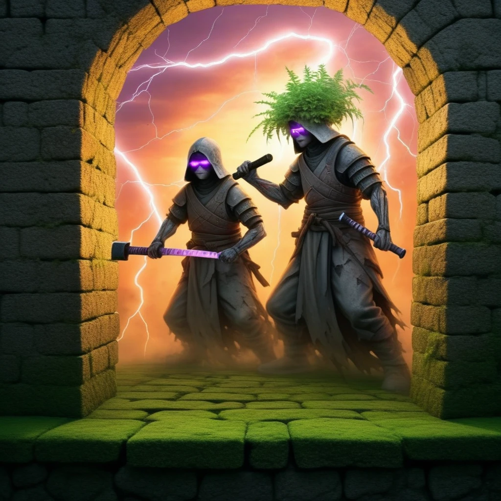 short sleeves, moss, stone wall, shoulder armor, cable, japanese armor, veins, orange sky, eyewear on head, black pants, knife, hammer, instrument, straight-on, purple flower, ghost, formal, counter, multiple girls, torn, lightsaber, wading, sorcerer, helmet, plant girl, glowing, dual wielding, lightning, profile, loincloth, spider web