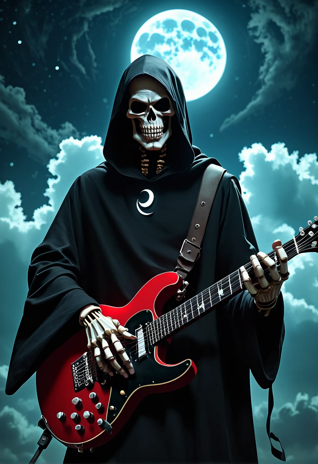 flx$tyl3, score_9, score_8_up, score_7_up, a person dressed as a grim reaper, holding a red electric guitar. The person is wearing a black hooded cloak and has a skull-like face painted on their face. The background is dark and cloudy, with a full moon visible in the distance. The overall mood is ominous., solo, 1boy, holding, male focus, sky, hood, night, moon, instrument, hood up, robe, music, guitar, holding instrument, playing instrument, crescent moon, electric guitar, skeleton, black robe, hooded robe, undead, flx$tyl3