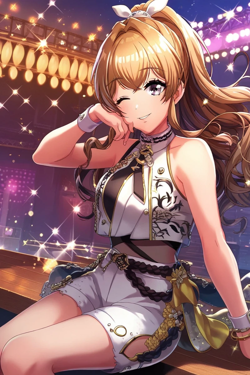 score_9, score_8_up, score_7_up, score_6_up,
 <lora:Kase_Mana:0.9> kase, 1girl, one eye closed, purple eyes, long hair, solo, smile, sitting, ponytail, shorts, brown hair, white shorts, looking at viewer, stage outfit, color lights, club stage,