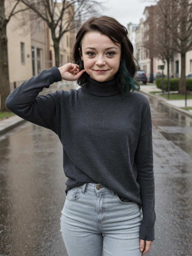 a professional absurdres intricately detailed sharp focus full torso photograph of 
the amazingly cute and beautiful (Kathryn_Prescott:1.1) with a cute smile, with a long wavy haircut, green and black and blue hair, wearing jeans and a turtleneck long-sleeved ribbed sweater,
dancing with a look of bliss outside in the rain,
 <lora:Kathryn_Prescott-SDe9:0.8> ,
 <lora:skin_texture_v2:0.45>