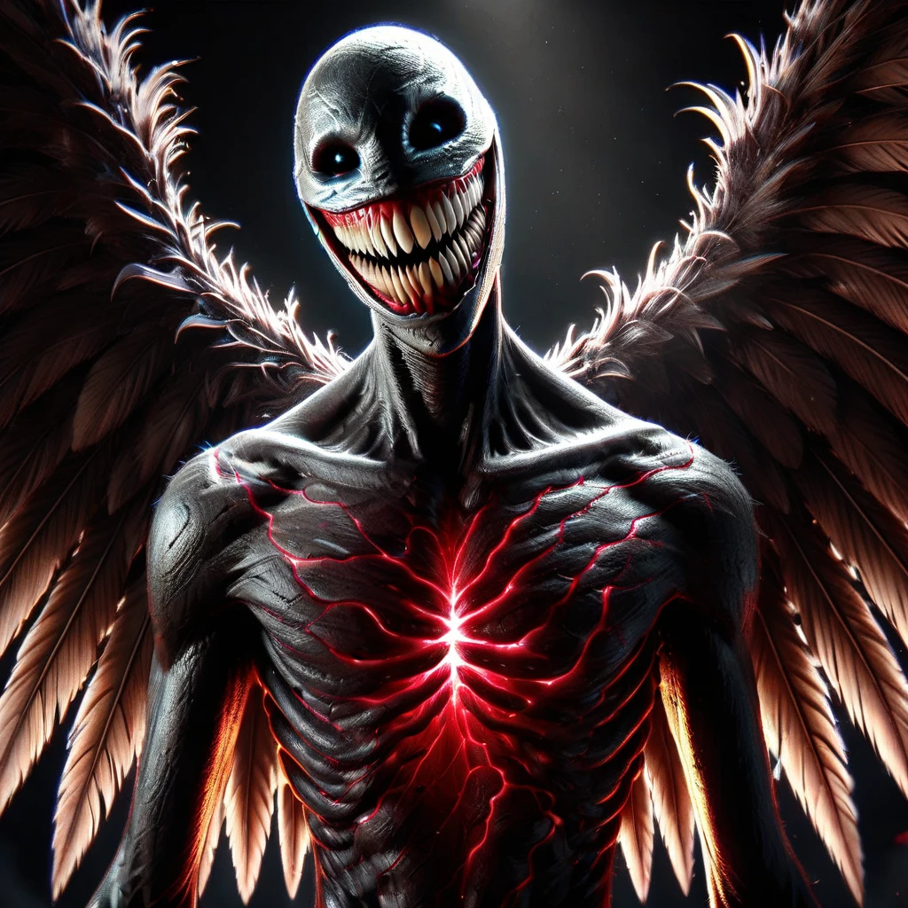 fallen angel, male focus, feathered wings, no humans, black skin, wings, solo, teeth, sharp teeth, looking at viewer, open mouth, ribs, upper body, black eyes, sharp edges, high contrast, grin, red bioluminescence, laughing, portrait, dark and sinister atmosphere, highly detailed and textured skin, glossy and reflective surface, sharp and menacing teeth in an open-mouthed grin, intense red bioluminescent glow from the chest and ribs, intricate pattern of veins and muscles, black wings with finely detailed feathers, background with subtle lighting, ethereal glow around the figure, high resolution, realistic textures, lifelike shadows, dynamic lighting, vibrant yet dark color palette, haunting and otherworldly presence, muscular and toned upper body, eerie and unsettling expression, ultra-detailed facial features, incredibly realistic, photorealistic quality, intricate detailing of veins and wing feathers, vivid contrasts, richly detailed textures, atmospheric depth, lifelike shadows, realistic reflections, high-definition clarity, vibrant hues, ultra-detailed, incredibly realistic, real-world accuracy, super realistic, extremely realistic, unbelievably realistic, pinpoint accuracy, intensely realistic, minute detail, crystal clear detail, perfectly realistic, vividly realistic, real-life depiction, precision realism, micro-detailing, fine-grained, minutely detailed, intricate patterns, exquisite detailing, subtle textures, delicate features, skeletal and otherworldly appearance, dark and foreboding aura, otherworldly glow around the red bioluminescence, horror-themed ambiance, intricate skeletal structure, wings meticulously detailed and lifelike