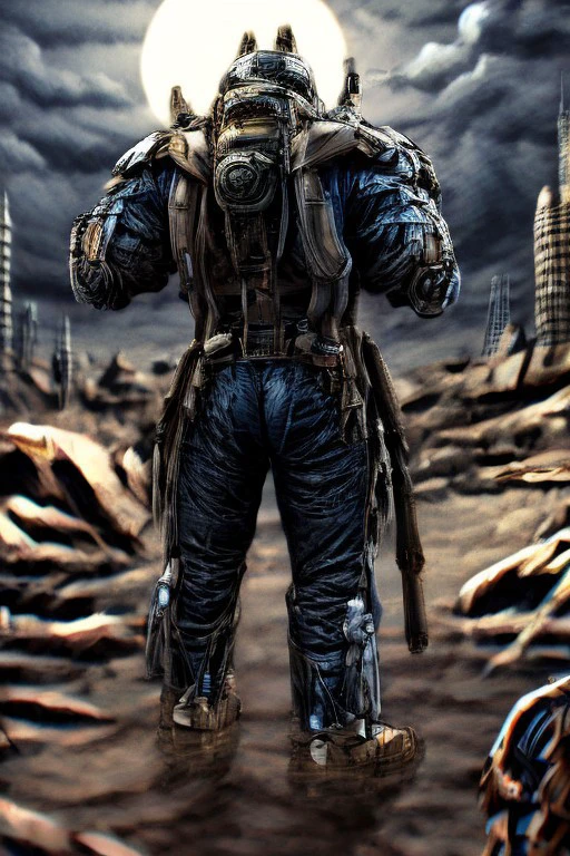 uined Cityscape: The amerikan warrior stands against a ruined city, skyscrapers in ruins, and the remains of battles. This shows the harsh conditions in which the soldiers survive.
Alien Wasteland: The warrior fights on an alien planet, with a desert landscape, rock formations, and two moons in the sky. This creates a feeling of unfamiliarity and danger.
Space Station: The warrior is inside a space station full of technology and weapons for the future. This emphasizes the high-tech nature of future warfare.
Warrior Details:
High Tech Armor: The warrior is clad in armor that is shiny, durable, and has light indicators. It may also have built-in weapons and communication devices.
Realistic Weapons: The warrior's weapons should look like possible developments of the future. These can be laser rifles, plasma weapons, or advanced firearms.
Facial Emotions: A warrior's face can be serious and determined, showing their dedication to the mission. There may also be signs of battle or fatigue, showing the human side beneath the armor.
Posture and Action: