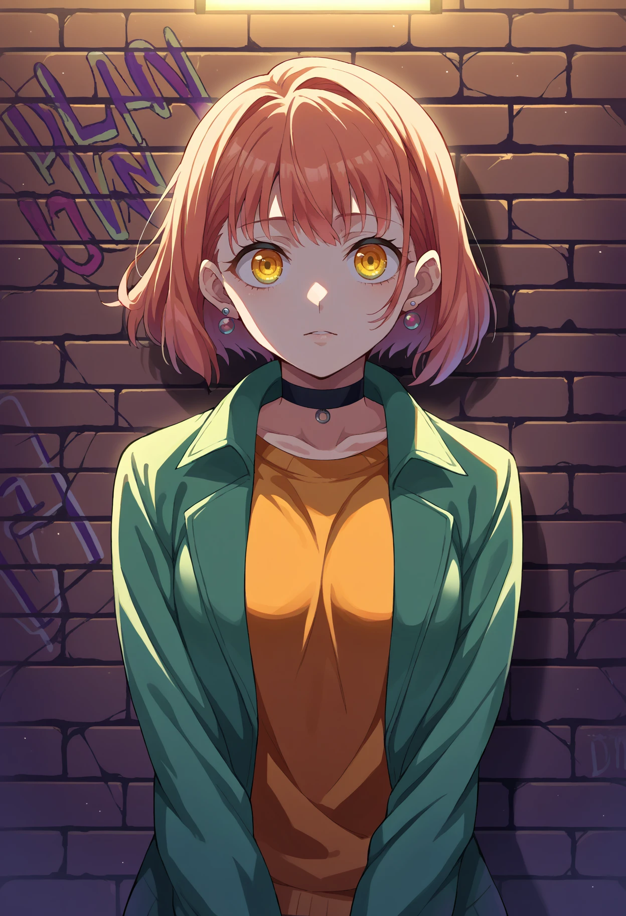 score_9, score_8_up, source_anime, 1girl, solo, HarukaNanami, short hair, earrings, sharp eyes, choker, neon shirt, open jacket, turtleneck sweater, night, against wall, brick wall, graffiti, dim lighting, alley, looking at viewer, <lora:ChamHarukaNanamiPonyXL:1>