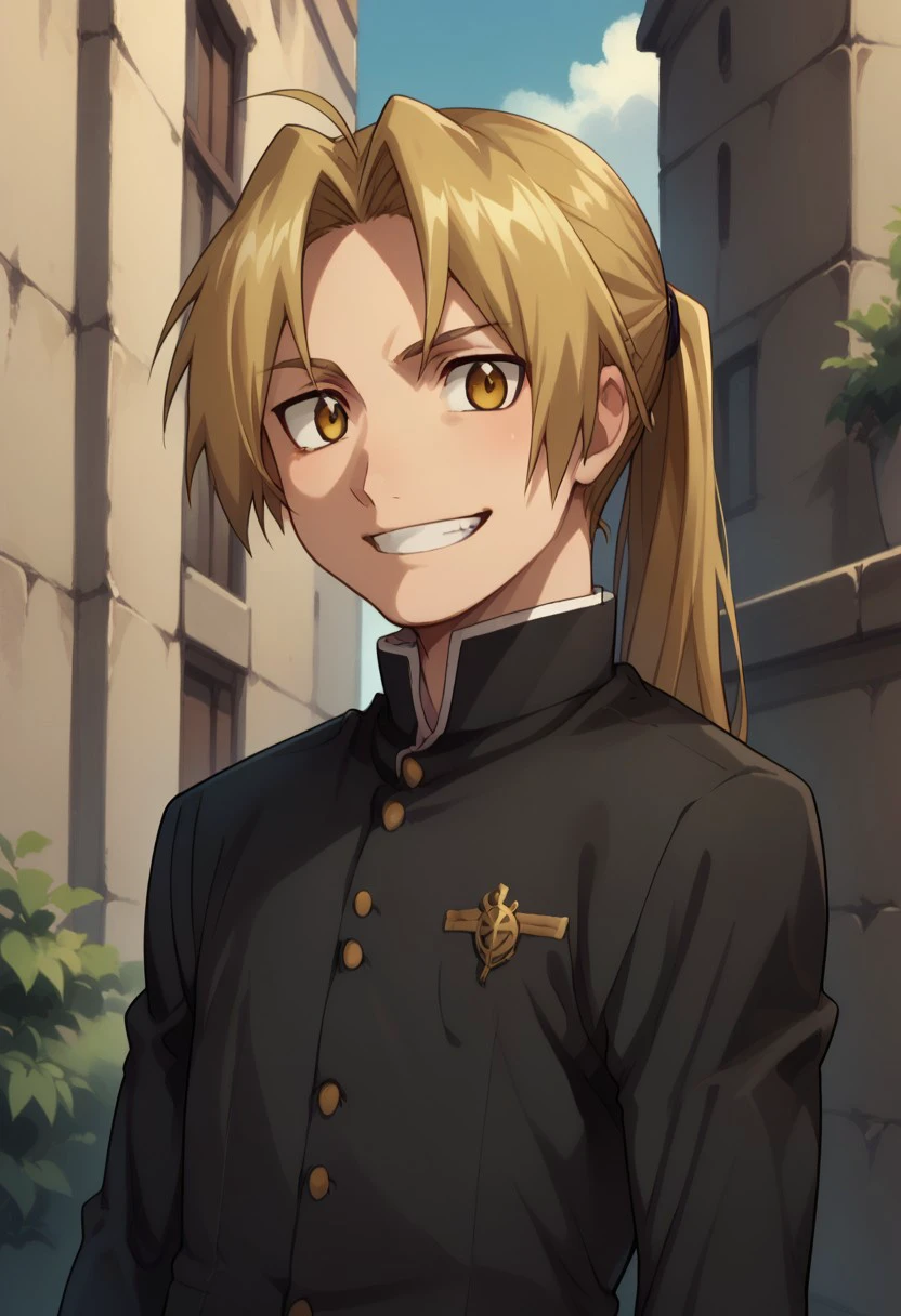 score_9, score_8_up, score_7_up, source_anime, highly detailed,
edwardelric, 1boy, solo, blonde hair, male focus, yellow eyes, ponytail,
gakuran, school uniform, black uniform, long sleeves, standing, upper body,
outdoor, sky, smile. grin,