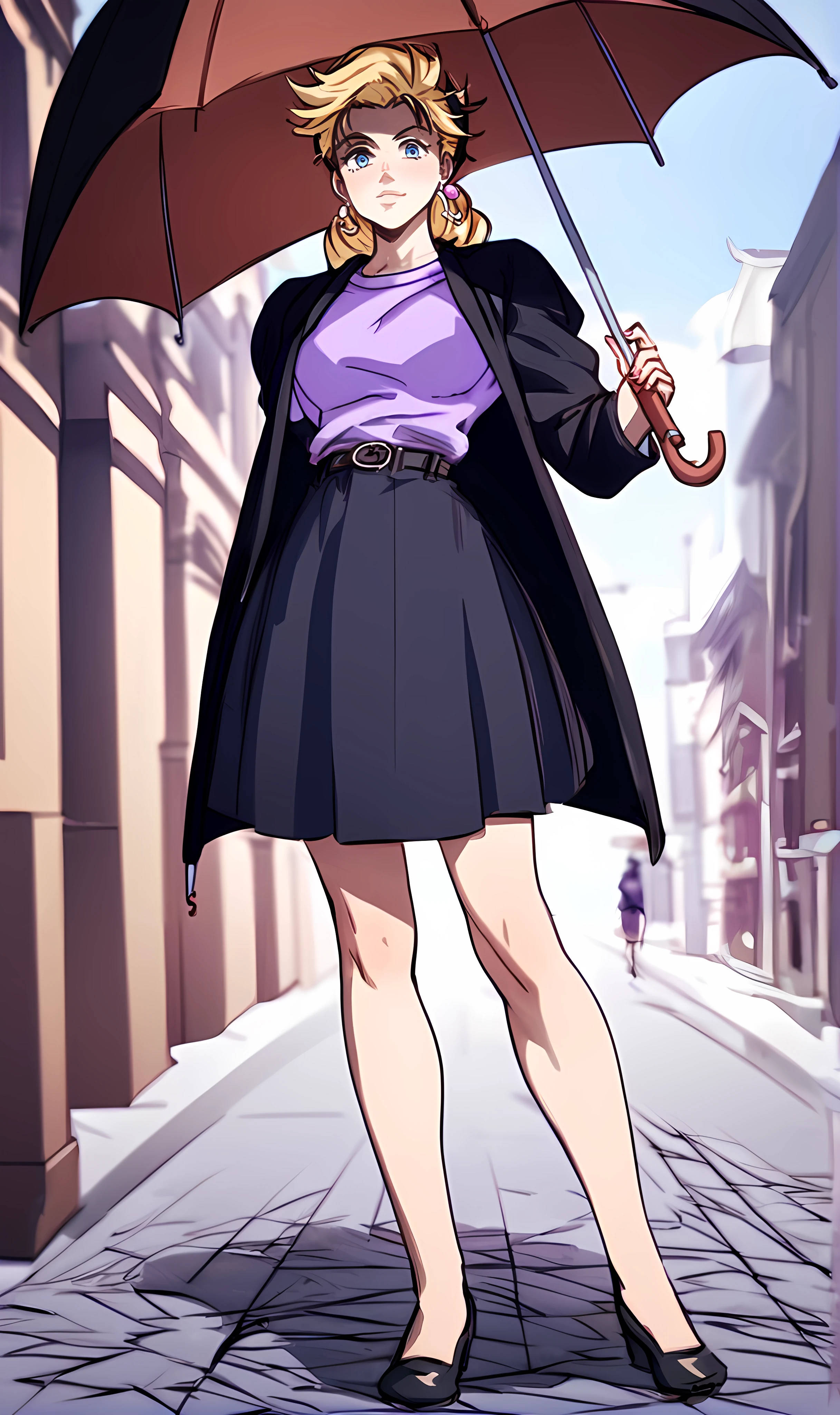 j0j0, score_8_up, score_7_up, source_manga, rating_explicit, <lora:j0j0XLP:0.5>, suz1Q, girl, blonde hair, messy hair, blue eyes, neutral expression, black coat, purple sweater, skirt, shoes, holding an umbrella,  full body, outdoors, in an italian street,  <lora:Jojos_Bizarre_Adventure_Suzi_Q_-_Pony:0.9>