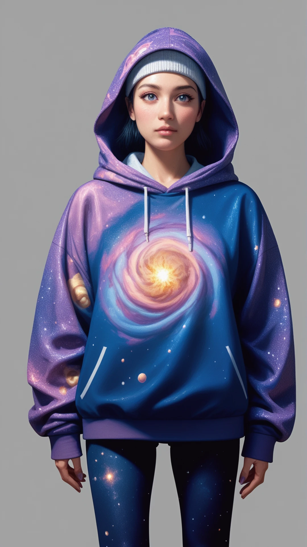 score_9, score_8_up, score_7_up, score_6_up,<lora:CosmicStylePDXL:1> woman wearing cosmic pattern glitter CosmicStyle Printed joggers, Sweatshirt, shiny