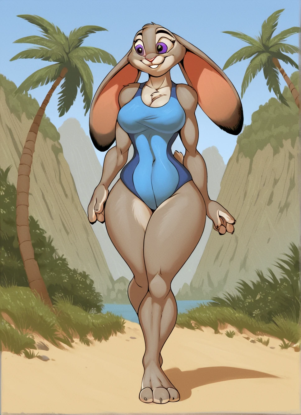 score_9, score_8_up, score_7_up, source_furry, ((masterpiece)), best quality, 1girl, solo, standing, walking, (anthro), (zp92, detailed background, beach:1.2, island, palms), (full body, smile face), judy hopps, huge humanoid long feet, barefoot, swimming suit, 