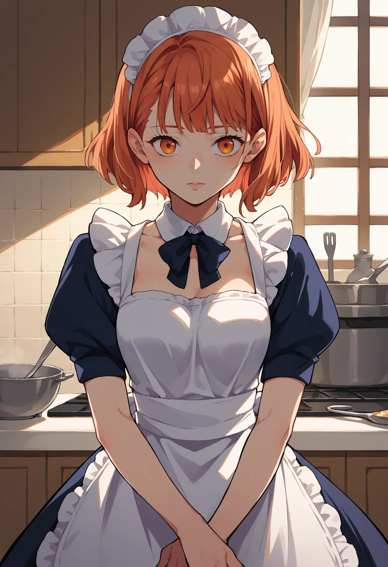 score_9, score_8_up, source_anime, 1girl, solo, HarukaNanami, short hair, maid, maid headdress, maid apron, kitchen, <lora:ChamHarukaNanamiPonyXL:1>