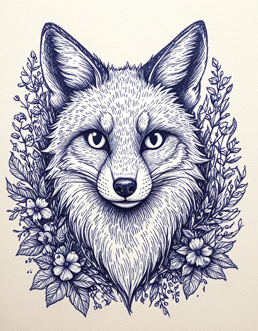 novuschroma42 style cat fox with flowers ballpoint pen drawing <lora:novuschroma42 style_blue:1> <lora:sdxl_lightning_8step_lora:1>