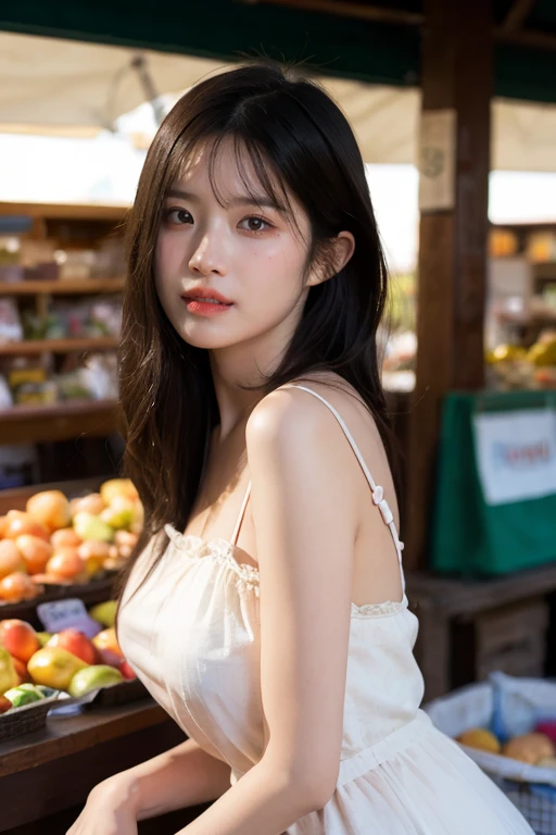 masterpiece, best quality, ultra-detailed, ultra high res, (photorealistic:1.4), raw photo, (realistic:0.2), 8k HDR, realistic lighting, looking at viewer, 1girl, solo, asymmetrical hair, outdoor, sky, (traditional market:1.2), bokeh, (detailed lips), (detailed pores), (detailed skin textures), (detailed face:1.2), (body:1.2), a woman in a sundress, cowboy shot, standing,