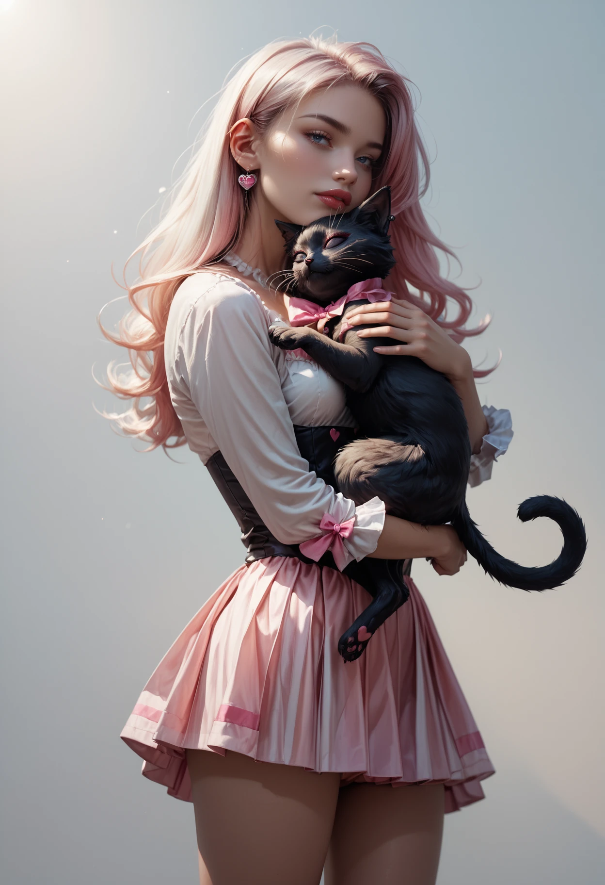 score_9, score_8_up, score_7_up, score_7, score_6_up, score_5_up,  a woman wearing reij-pnkwtch  <lora:PinkWitch-000003:1> with short skirt, hugging a black cat,