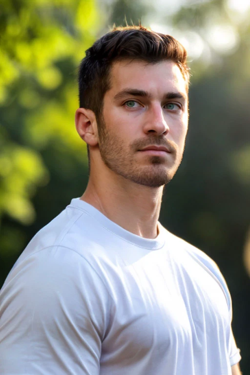 RAW photo, photograph of guy, ( face focus:1.5)  portrait, (facial hair) High resolution handsome guy, highly detailed, white t-shirt, (look at viewer) natural morning, sunburnt, <lora:austinmartin:0.8> austinmartin, blurry background, summer vibes, <lora:add_detail:0.7> outdoors, leaf garden behind,,