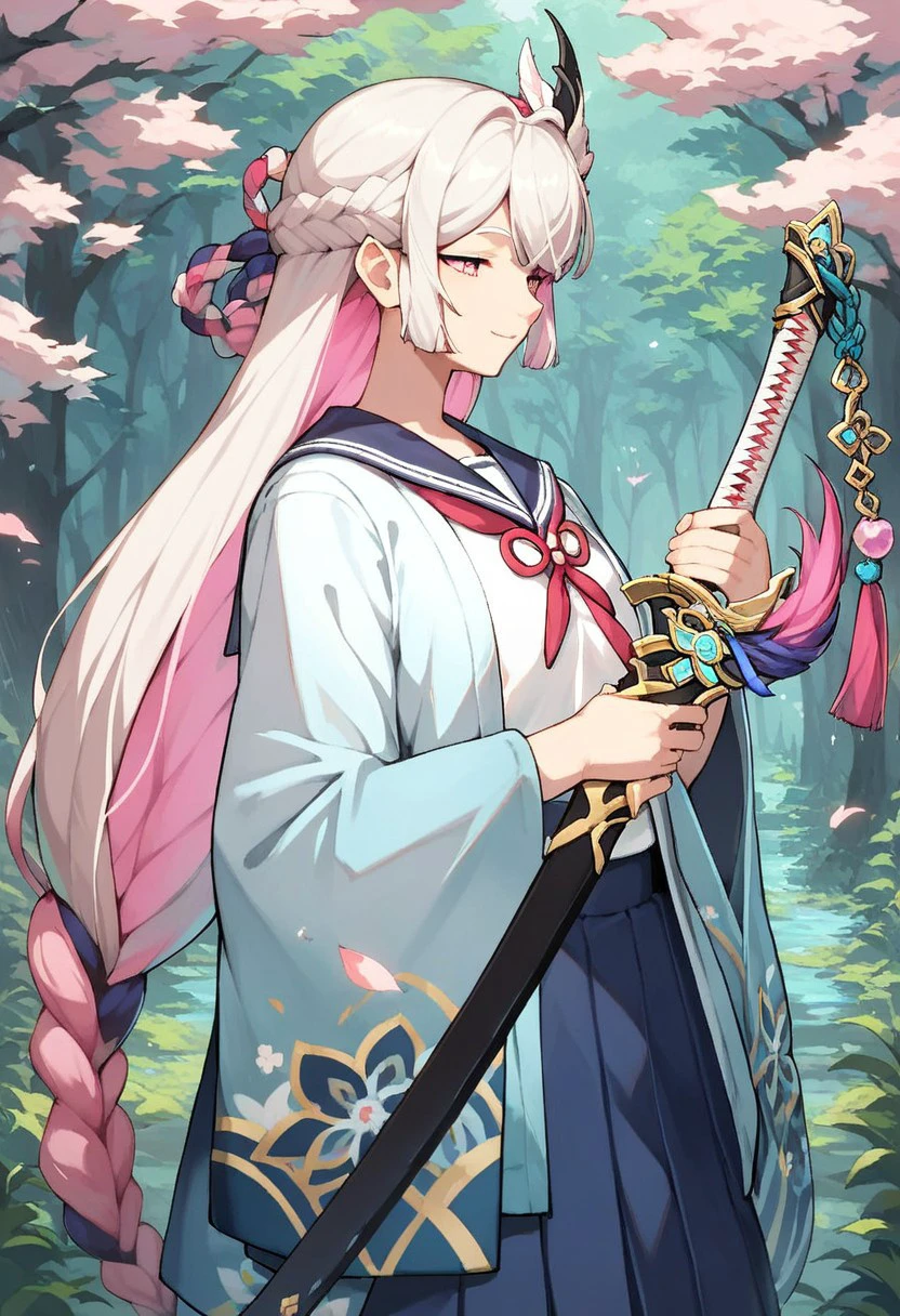 score_9, score_8_up, score_7_up, source_anime, beautiful, long hair, white hair, pink hair, multicolored hair, braid, pink eyes, looking to viewer, young, japanese clothes, school uniform, looking to viewer, smile, forest, pose, holding, holding sword, katana, half-closed eyes