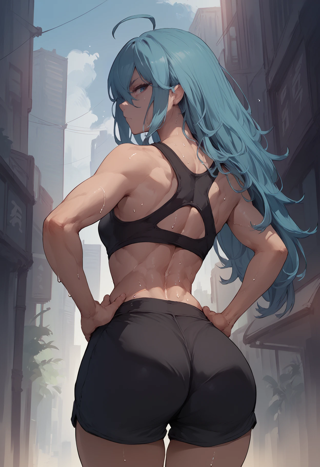 score_9, score_8_up, score_7_up, from behind, solo, 1girl, v1vy, sweat, expressionless, looking back, hands on own hips, long hair, ahoge, black sports bra, black shorts, short shorts, ass, outdoors, city street <segment:yolo-face_yolov8m.pt,0.35,0.5>