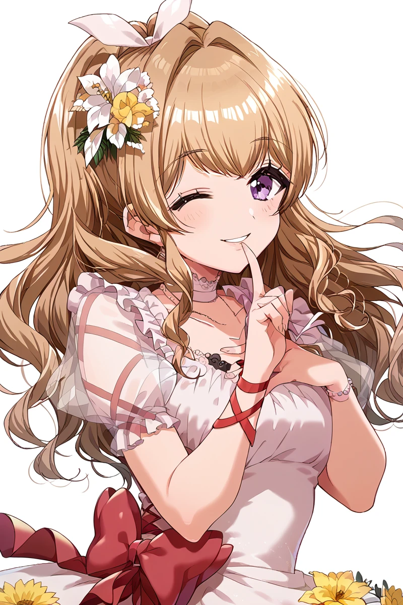 score_9, score_8_up, score_7_up, score_6_up,
 <lora:Kase_Mana:0.9> kase, 1girl, solo, one eye closed, dress, long hair, purple eyes, jewelry, simple background, ribbon, looking at viewer, flower, short sleeves, wavy hair, smile, stadef, finger to mouth