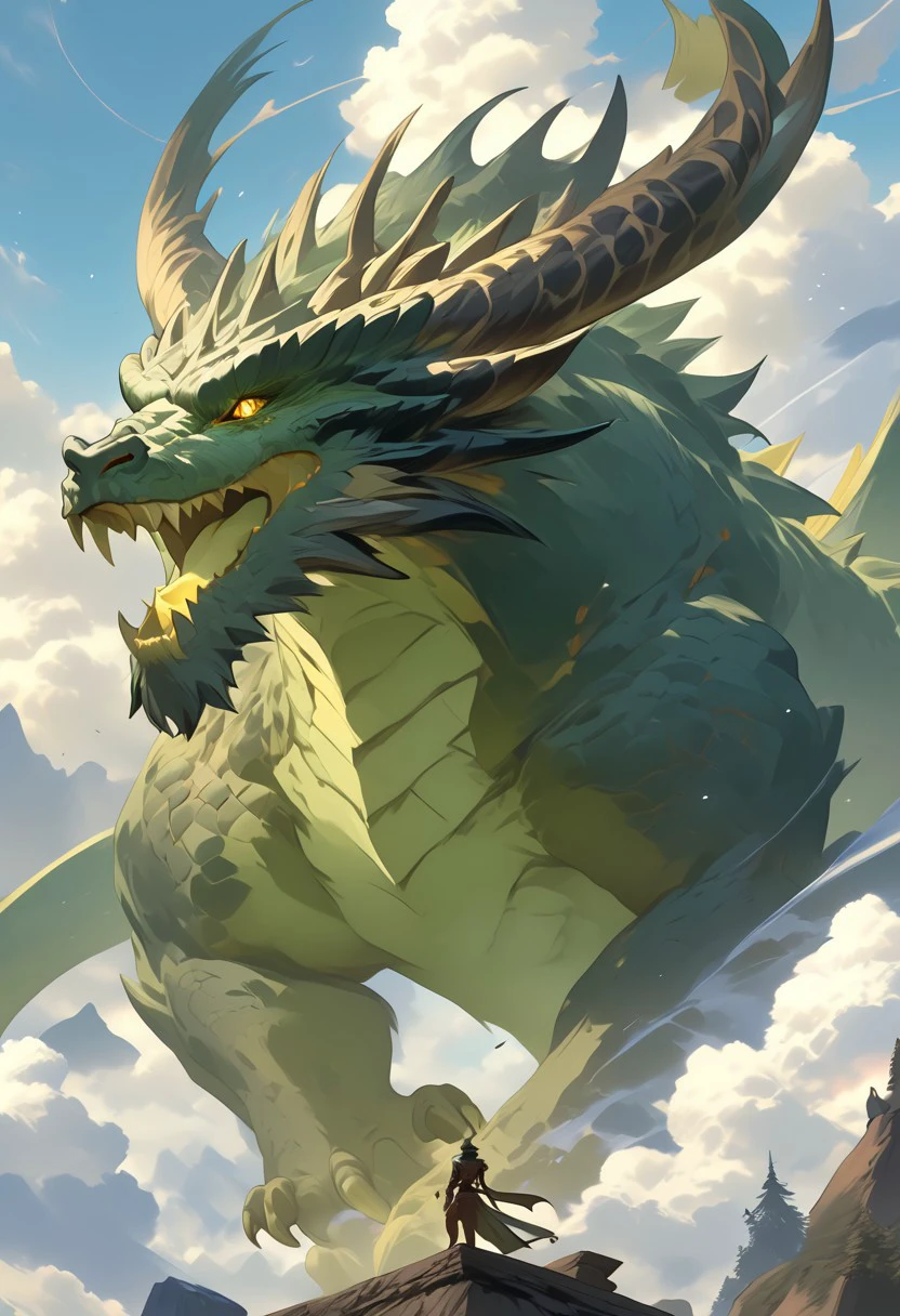 Unfazed dragon, green dragon, flying, sky, yellow eyes, teeth, wings up, tail, horns, solo, clouds,