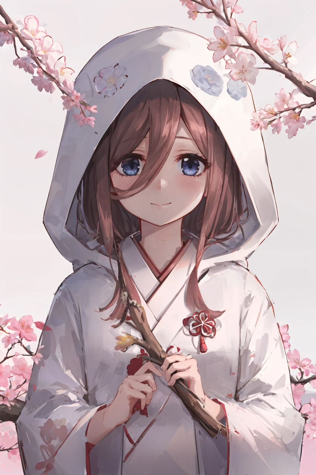 1girl,nakano miku,solo,kimono,japanese clothes,uchikake,wataboushi,hair between eyes,cherry blossoms,white kimono,hood,blush,holding,closed mouth,looking at viewer,petals,bangs,branch,long sleeves,upper body,flower,smile,white background,pink flower,bride,
masterpiece,best quality,<lora:NakanoMiku v2.0-000018:0.8>,