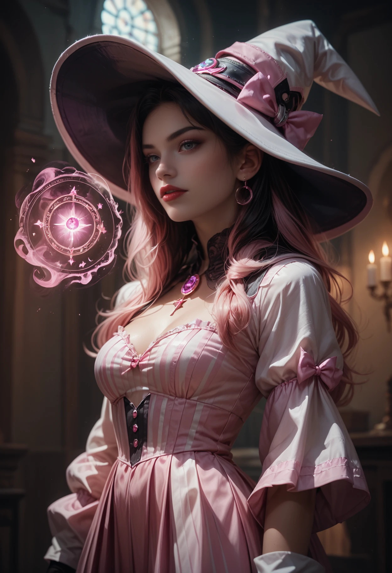 score_9, score_8_up, score_7_up, score_7, score_6_up, score_5_up,  a woman wearing (((reij-pnkwtch  <lora:PinkWitch-000003:1>))), hat, standing in an alchemist room, magic, half body