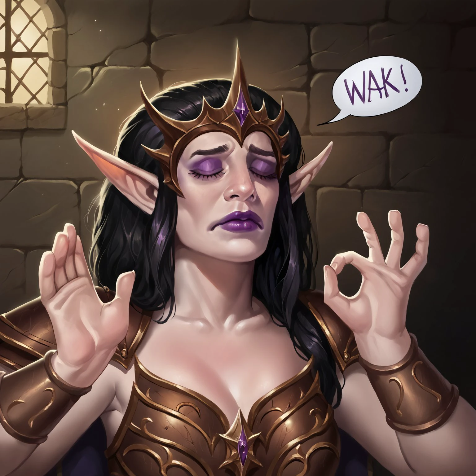 score_7_up, score_6_up, realism, isat4n-dh, pachameme, hands up, ok sign, closed eyes, DESorceress, pointy ears, black hair, purple lipstick, makeup, armor, dark dungeon, dungeon indoors, spoken "KILL" <lora:add-detail-xl:0.5> <lora:sinfully_stylish_SDKL:0.5> <lora:Artist_Style_-_isatandoomsatan666_PDXL:1>  <lora:Sorceress:0.7> <lora:PachaMeme_pdxl_Incrs_v1:1>