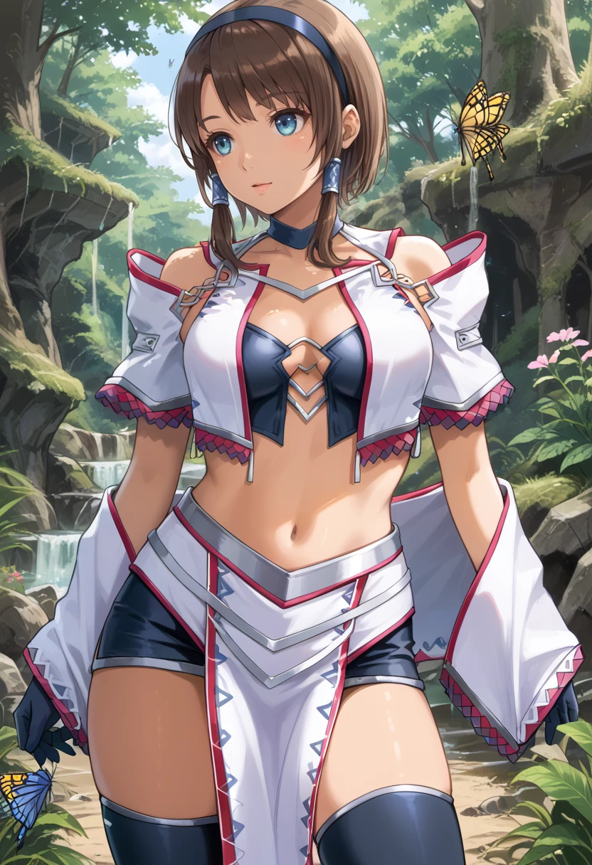 (score_9:0.9),score_8_up,score_7_up,rating_safe,anime style,(zPDXL),<lora:Equis armor ponyXL v1.1:0.73>,equis armor,1girl,solo,bug,navel,brown hair,blue eyes,cleavage,midriff,nature,short hair,butterfly,outdoors,medium breasts,black thighhighs,tree,white breast curtains,white detached sleeves,white pelvic curtain,black hairband,dark-skinned female,black hair tubes,black gloves,