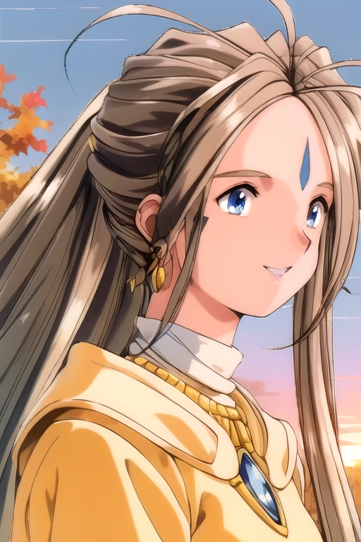 Belldandy,
solo, 25 years old woman, perfect face, healthy skin, high skin detail, skin pores, symmetrical eyes, perfect eyes,
light brown hair, absurdly long hair, voluminous hair, long side bangs, blue eyes, antenna hair, ahoge from the forehead center top, light pink lips, shiny eyes, shiny skin, natural make-up, an elongated-shaped blue forehead mark, triangular-shaped blue cheek marks, gold choker, bracelets, earrings, anklets,
turtleneck sweater, culottes,
(blush:0.8), (open mouth:0.8), (smile: 0.8), relaxed,
walking in a park, autumn sky, sunset, wind blowing,
upper body shot, dynamic angles,
 <lora:Belldandy OVA SD V3:1> <lora:DetailTweaker:0.6>