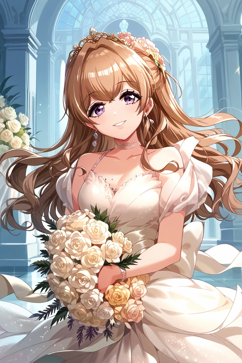 score_9, score_8_up, score_7_up, score_6_up,
 <lora:Kase_Mana:0.9> kase, 1girl, flower, dress, bouquet, solo, long hair, jewelry, earrings, purple eyes, tiara, holding bouquet, brown hair, smile, rose, looking at viewer, bday