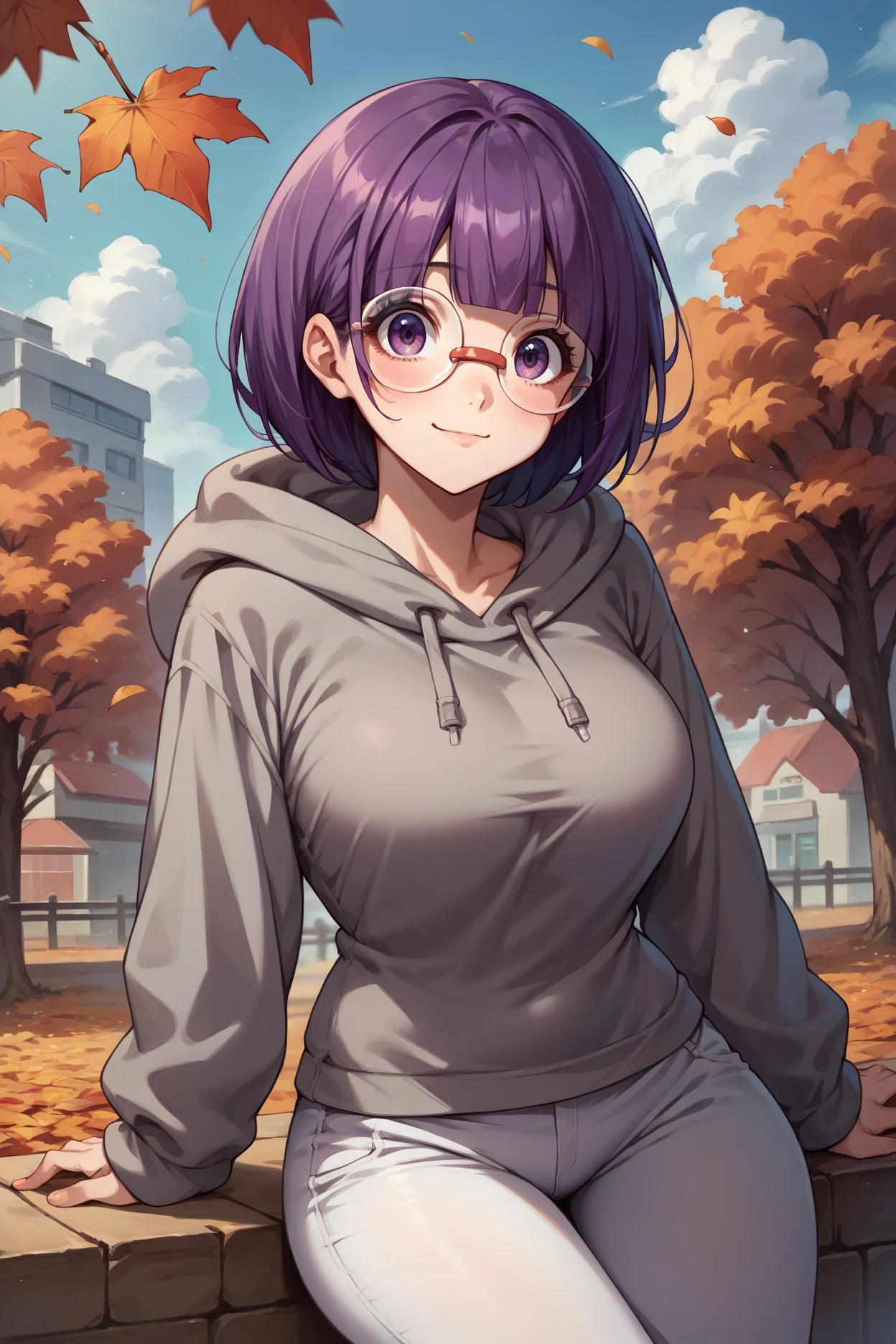 score_9, score_8_up, score_7_up, score_6_up, source_anime, 1girl, solo,  <lora:pkmnshauntal-pdxl-nvwls-v1-000004:1> shauntal, purple hair, blunt bangs, bob cut, short hair, purple eyes, round glasses, large breasts, grey hoodie, white pants, autumn, looking at you, light smile, happy, worried, blush