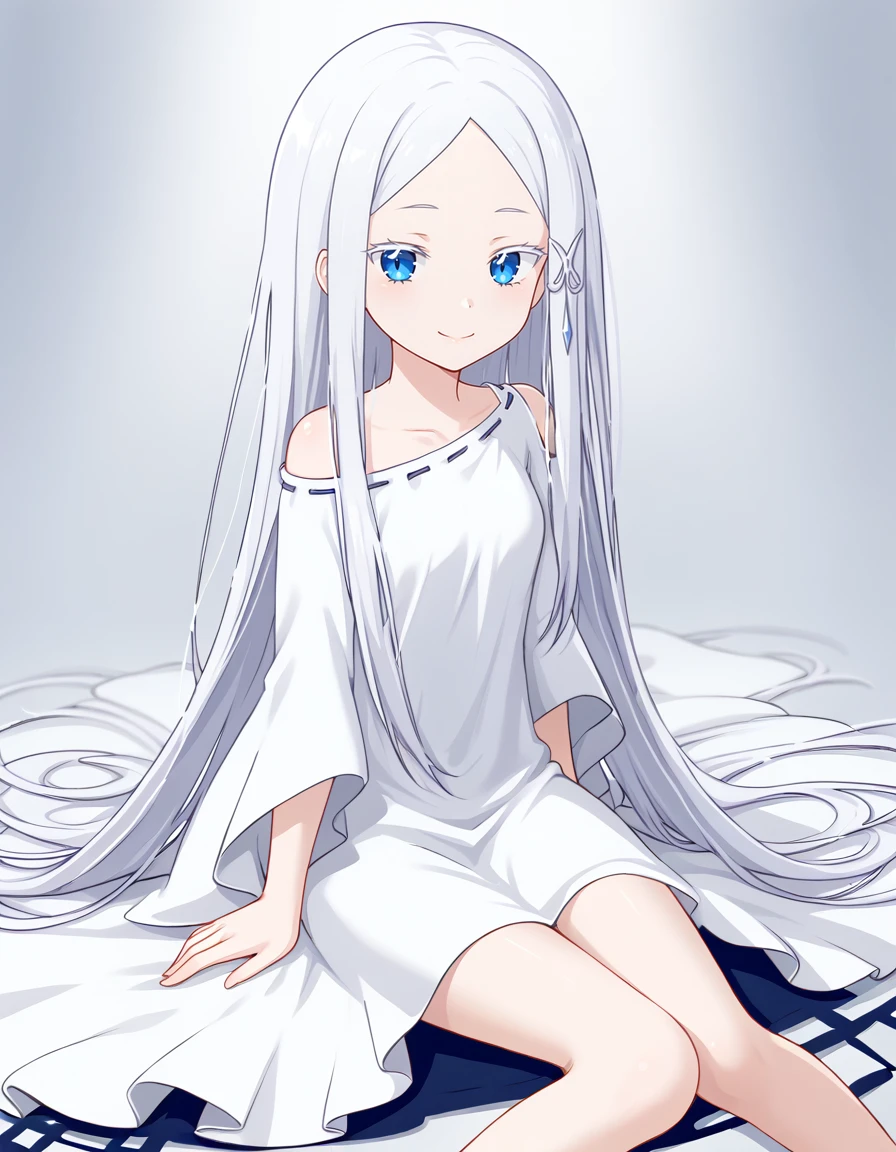 <lora:Pandora:1>, pandora rezero, smile, white dress, off shoulder dress, sitting