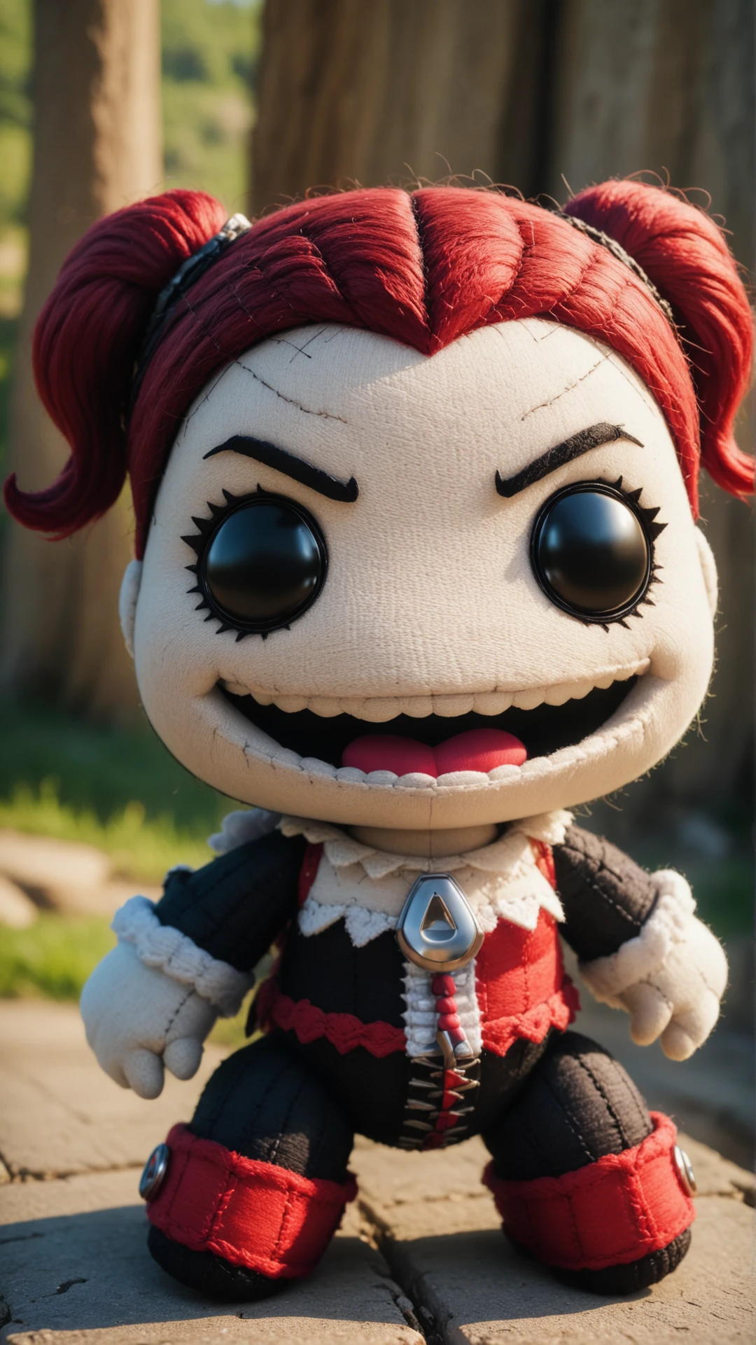 <lora:SackpeopleCharacterStyleSDXL:0.75>sackbaby Harley Quinn from DC Comics, laughing expression, woven, stitches, stitching, in location valley