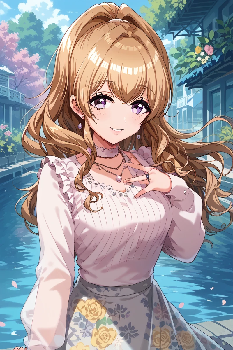 score_9, score_8_up, score_7_up, score_6_up,
 <lora:Kase_Mana:0.9> kase, 1girl, solo, skirt, smile, looking at viewer, floral print, purple eyes, long hair, necklace, jewelry, long sleeves