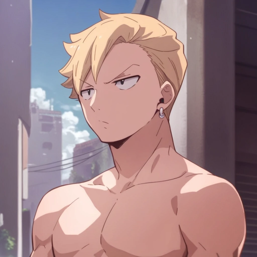 score_9, score_8_up, score_7_up, source_anime, 1boy, solo, weisz_steiner, blonde hair, earrings, black eyes, shirtless, expressionless, outdoors