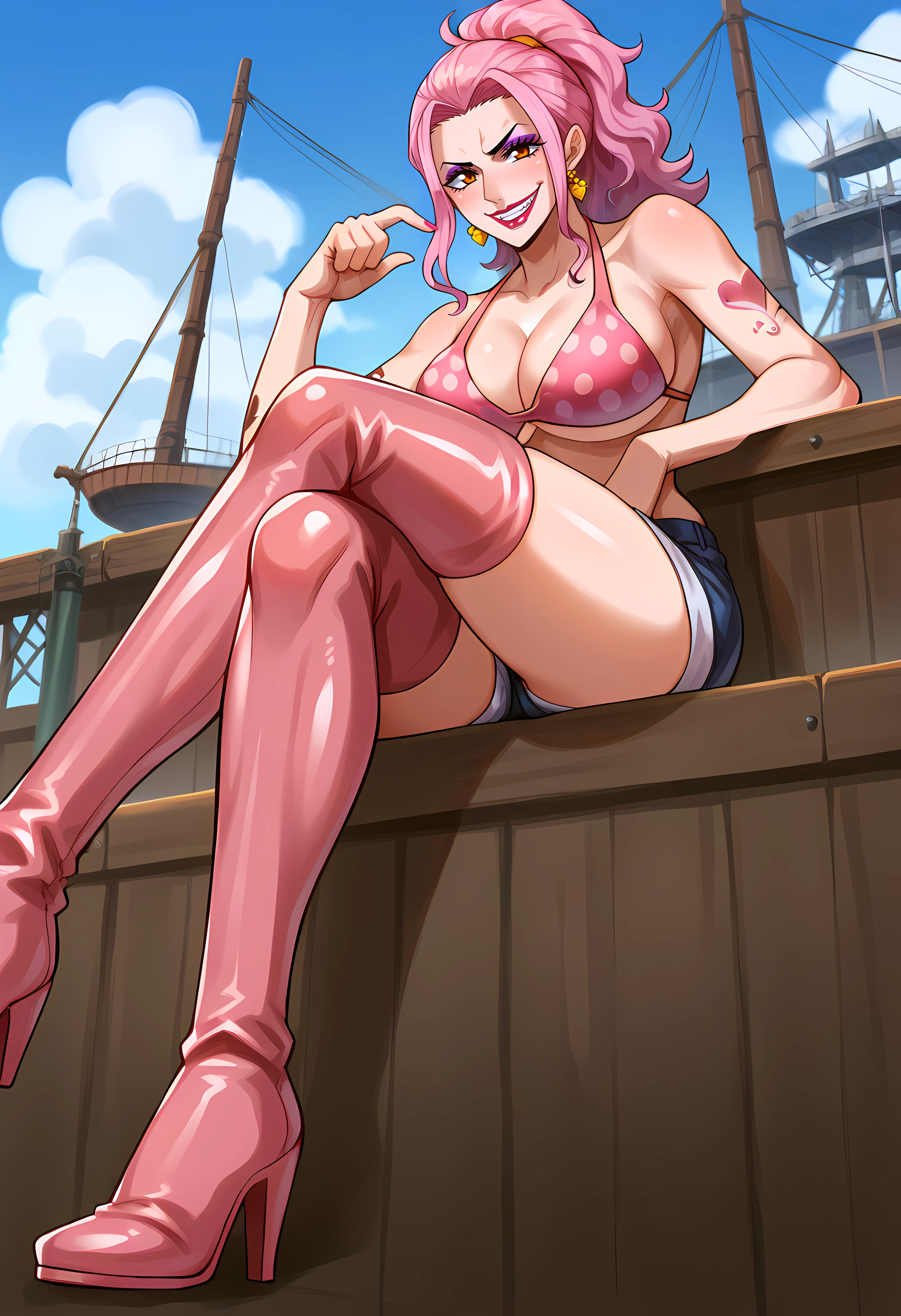 score_9, score_8_up, score_7_up,  source_anime, portrait, on ship, blue sky , looking at viewer, 1girl, solo, pink hair, heart earrings, ponytail, grin, orange eyes, lipstick, makeup, arm tattoo, single tattoo, cleavage, polka dot bikini, bikini top only, short shorts, boots, thighhighs, thigh boots, high heels, big breasts, heart earrings, sitting, view from below, crossed legs, bare shoulders,  <lora:LinLin:0.85>