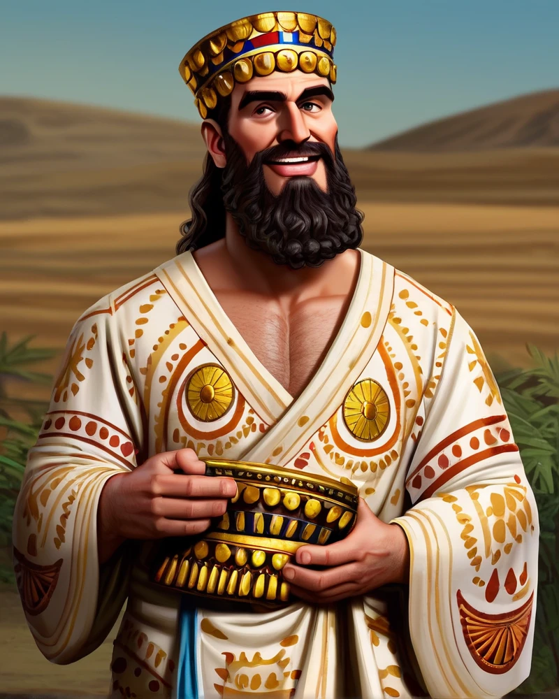 hammurabi<lora:Hammurabi_ror_pony-20:1>, 1man, beard, long robe, sumer, ziggurat, mesopotamia, long beard, ancient, solo, smile, outdoor, source_realism