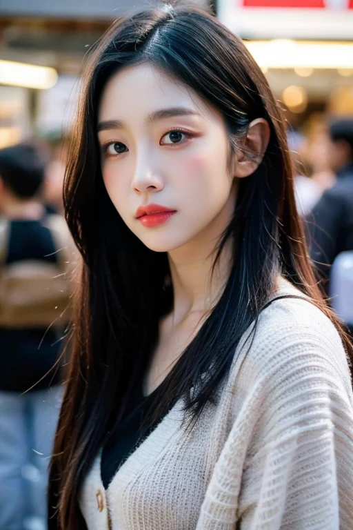 masterpiece, best quality, ultra-detailed, ultra high res, (photorealistic:1.4), raw photo, (realistic:0.2), 8k HDR, realistic lighting, looking at viewer, 1girl, solo, asymmetrical hair, outdoor, sky, (traditional market:1.2), bokeh, (detailed lips), (detailed pores), (detailed skin textures), (detailed face:1.2), (body:1.2), a woman in a cardigan, promotional image, walking,