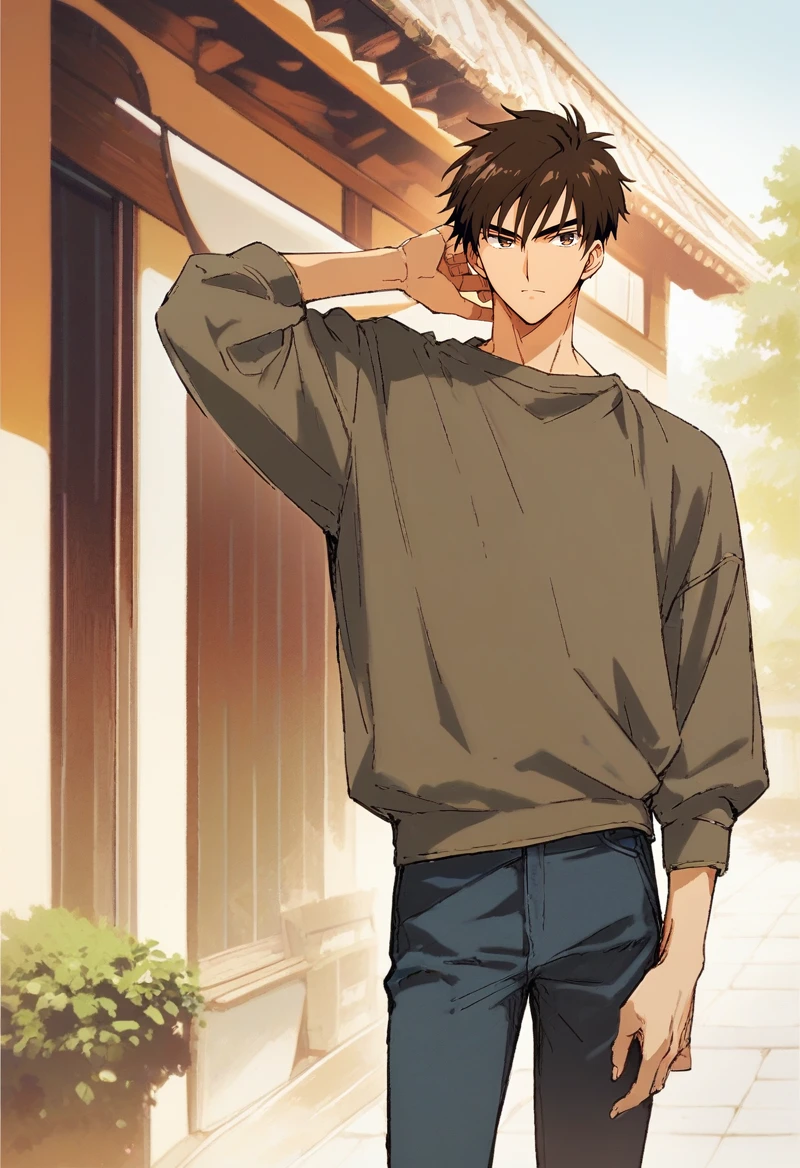 score_9,score_8_up,score_7_up,1boy,kinomoto_touya,male focus,short hair,brown hair,solo,brown eyes,looking at viewer,,pants,tall,standing,<lora:kinomoto_touya:0.8>