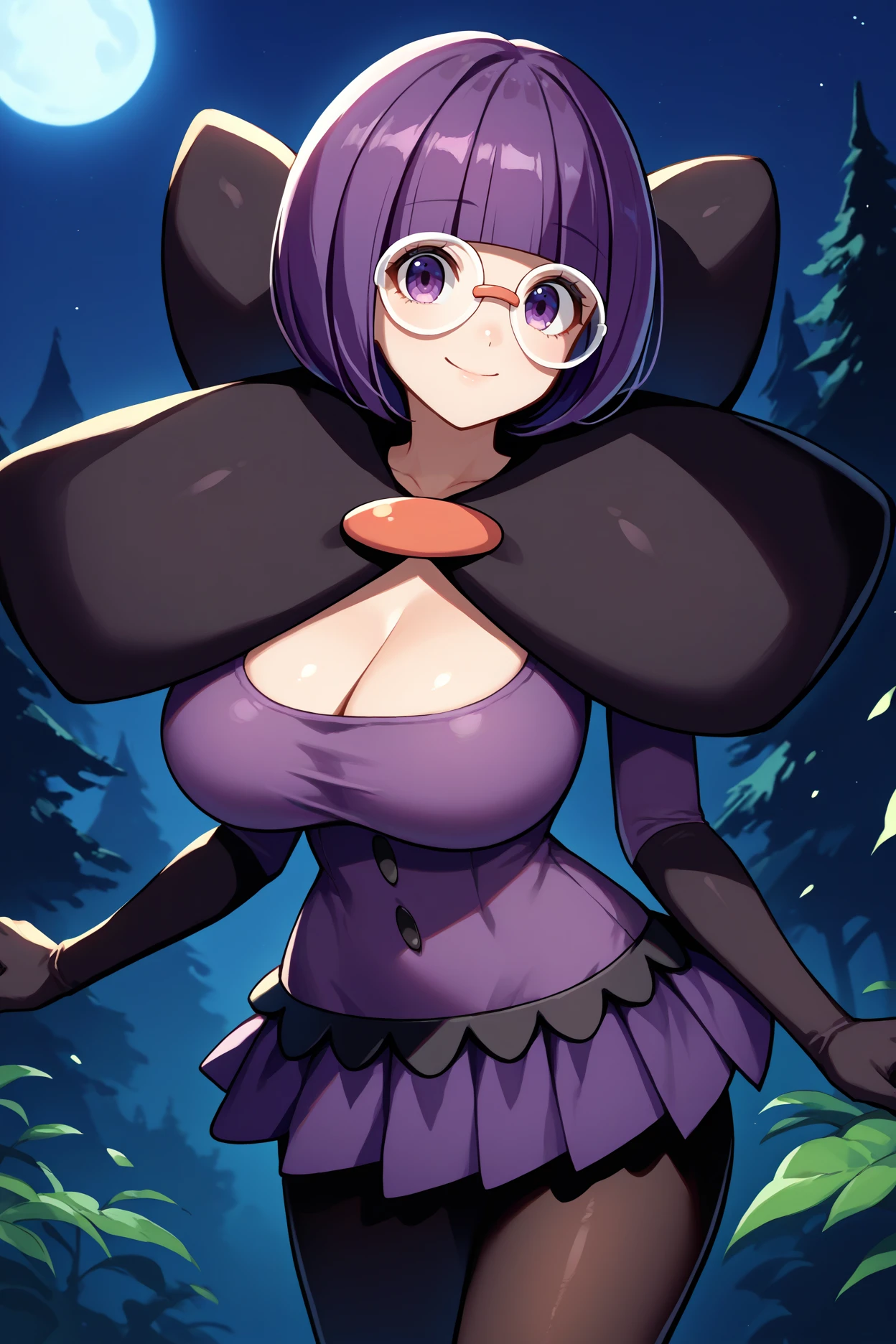 score_9, score_8_up, score_7_up, score_6_up, source_anime, 1girl, solo,  <lora:pkmnshauntal-pdxl-nvwls-v1-000004:1> shauntal, purple hair, blunt bangs, bob cut, purple eyes, round glasses, black capelet, large bow, purple shirt, collarbone, cleavage, buttons, purple skirt, long sleeves, black gloves, elbow gloves, black pantyhose, huge breasts, looking at you, smile, night sky, night, forest